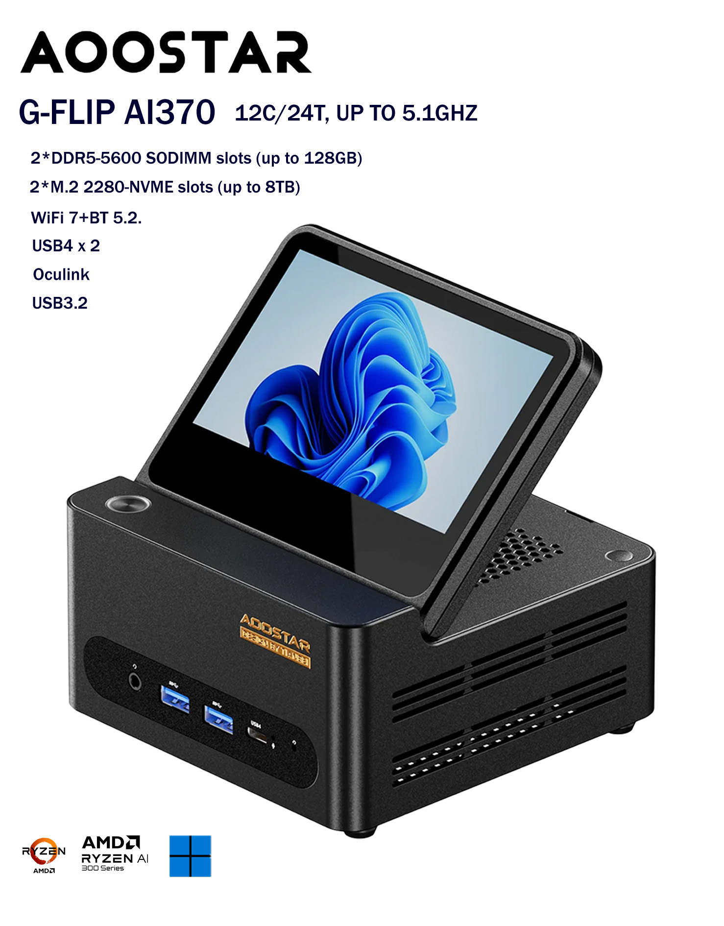 mini pc aoostar g flip370 amd ryzen ai 9 hx370 zen 5 with 5" hd screen wifi7 npu 50 tops mini pc aoostar g flip370 amd ryzen ai 9 hx370 zen 5 with 5" hd screen wifi7 npu 50 tops