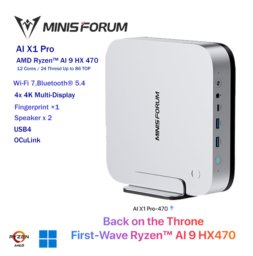 minisforum ai x1 pro zen 5 ryze ai 9 hx 470 / wi fi 7 / 2.5gbe / bluetooth 5.4 / 4x 4k multi display minisforum ai x1 pro zen 5 ryze ai 9 hx 470 / wi fi 7 / 2.5gbe / bluetooth 5.4 / 4x 4k multi display